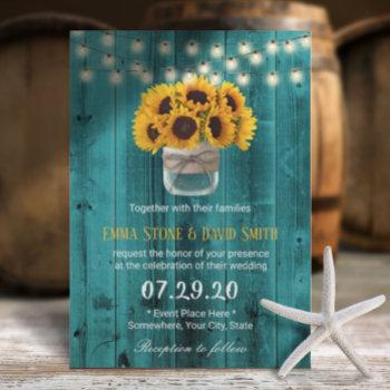 country sunflowers jar rustic teal barn wedding invitation
