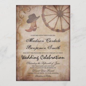 Small Country Western Boots Wagon Wheel Wedding Invite Front View