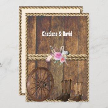 country western wedding pink roses feathers rope i invitation