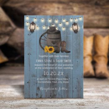 cowboy wedding sunflower lantern dusty blue wood invitation
