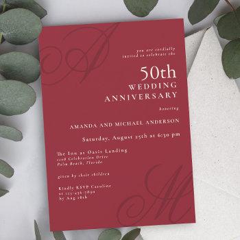 cranberry red elegant monogram 50th anniversary invitation