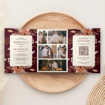 cream terracotta floral qr code burgundy wedding tri-fold invitation