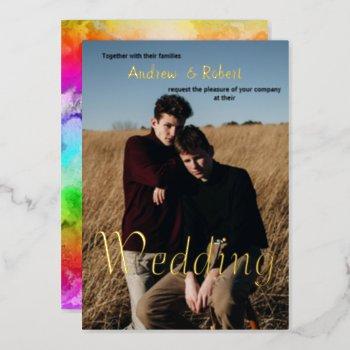 custom photo and watercolor rainbow gay wedding foil invitation
