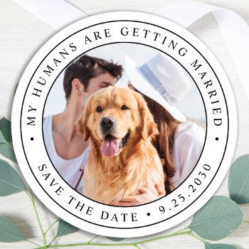 Small Custom Photo Pet Dog Wedding Save The Date Classic Round Sticker Front View