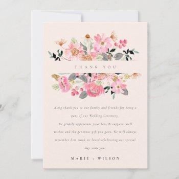 Small Cute Blush Lively Pink Watercolor Floral Wedding Thank You Front View