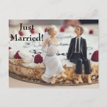 cute bride & groom on white cake announcement postcard