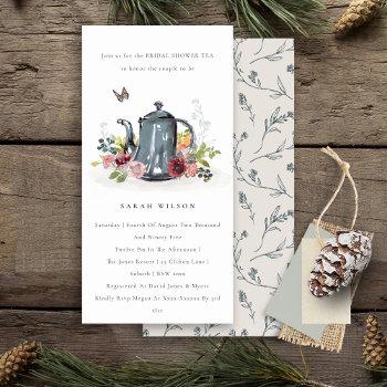 Small Cute Leaf Rose Floral Teapot Baby Shower Invite Front View