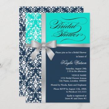 damask faux silver ribbon navy aqua bridal shower invitation