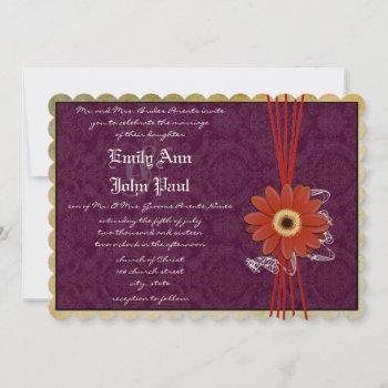 damask orange purple gerber daisy wedding invite
