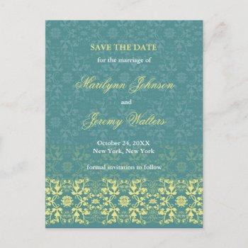 Small Damask Swirls Lace Peacock Save The Date Post Front View