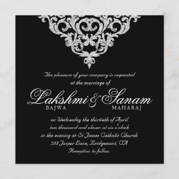 Small Damask Wedding Invite Diamond Sparkle Silver Lace Front View
