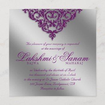 Small Damask Wedding Invite Sparkle Silver Purple Front View