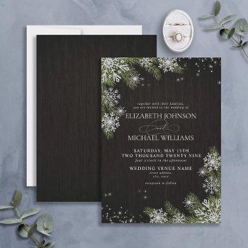 dark black rustic silver winter greenery wedding invitation