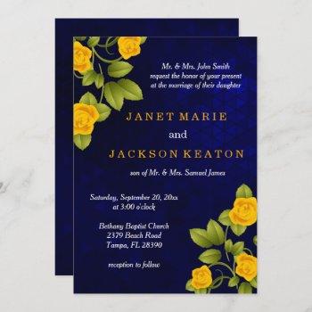 dark blue and marigold yellow rose wedding invitation