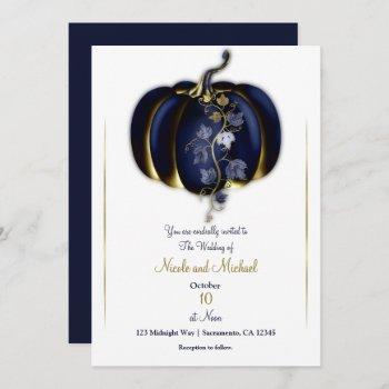 dark blue & gold pumpkin storybook fall wedding invitation