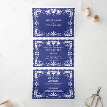 dark blue papel picado love birds wedding tri-fold invitation