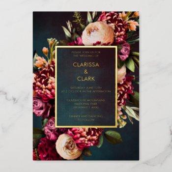 dark moody bold floral marsala wedding  foil invit foil invitation