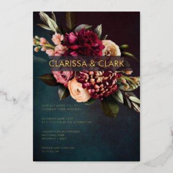 dark moody bold floral marsala wedding foil invitation