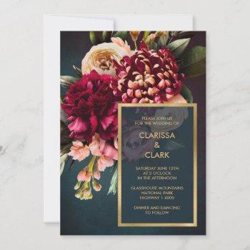 dark moody bold floral marsala wedding invitation