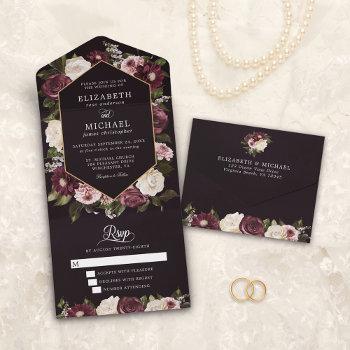 dark moody burgundy floral elegant wedding all in one invitation