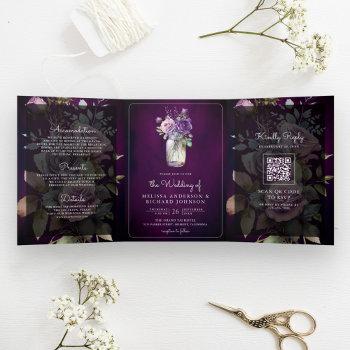 dark purple floral mason jar qr code moody wedding tri-fold invitation