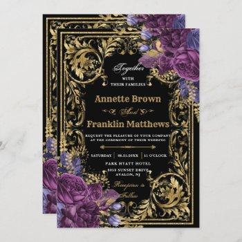 dark purple floral vintage ornate gold wedding  invitation