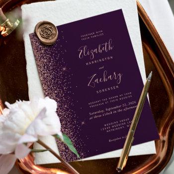 dark purple rose gold faux glitter edge wedding invitation