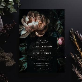 dark romantic black peony floral wedding invitation
