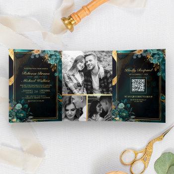 Small Dark Teal Gold Floral Marble Qr Code Wedding Tri-fold Front View