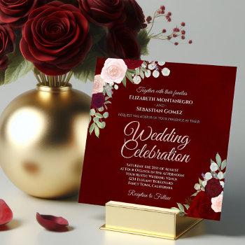 deep burgundy elegant red & pink roses wedding invitation