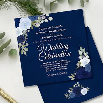 deep navy elegant indigo dusty blue roses wedding invitation