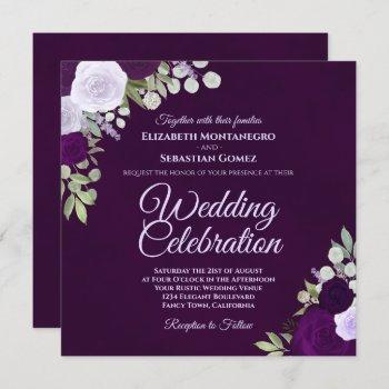 deep purple elegant lavender & plum roses wedding invitation