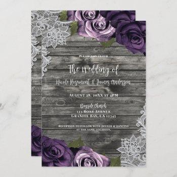 Small Deep Purple Roses Grey Rustic White Lace Wedding Front View