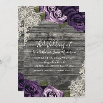 deep purple roses grey rustic wood lace wedding invitation