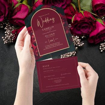 deep red roses forest green winter wedding all in one invitation