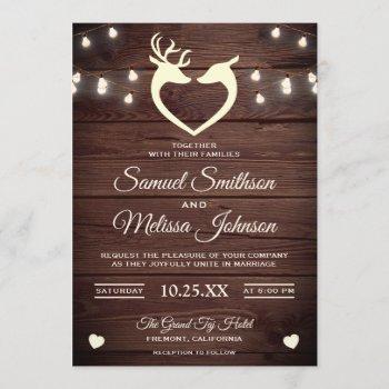 deer heart string lights rustic wood wedding invitation