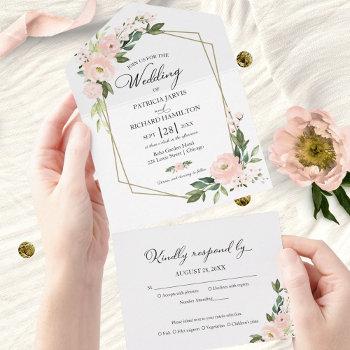 delicate blush pink floral geometric wedding all in one invitation