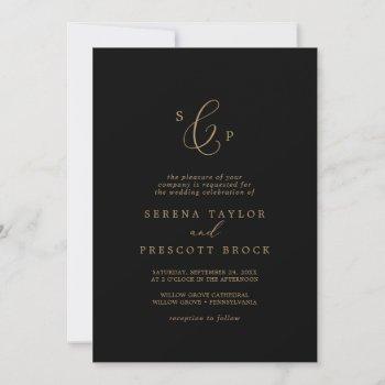 delicate gold and black formal monogram wedding invitation