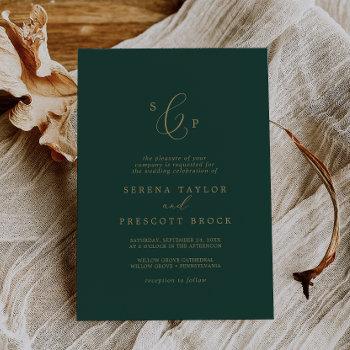 delicate gold and green formal monogram wedding invitation