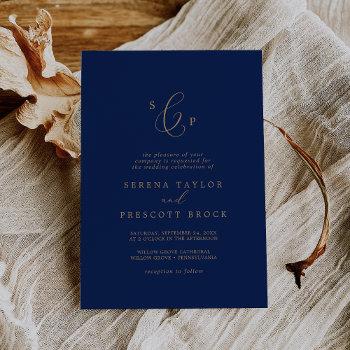 delicate gold and navy formal monogram wedding invitation