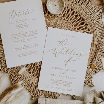 delicate gold calligraphy all in one wedding invitation