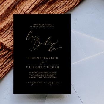 delicate gold calligraphy black la boda de wedding invitation
