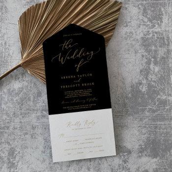delicate gold calligraphy | black wedding all in one invitation