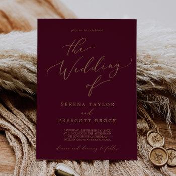 delicate gold calligraphy burgundy the wedding of invitation