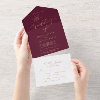 delicate gold calligraphy | burgundy wedding all in one invitation
