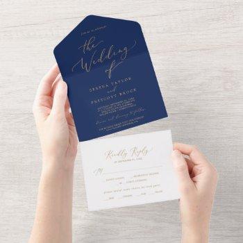 delicate gold calligraphy | navy wedding all in one invitation