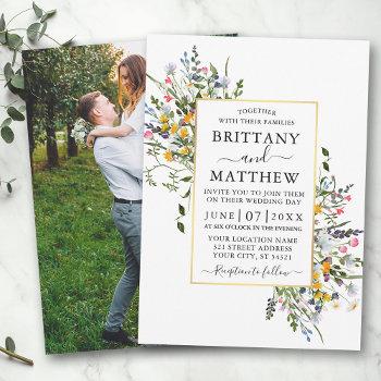 Small Delicate Watercolor Wildflowers Photo Gold Wedding Front View