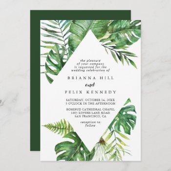 destination tropical greenery diamond wedding invitation
