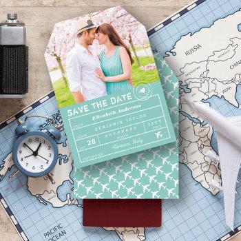 destination wedding mint green luggage tag photo save the date