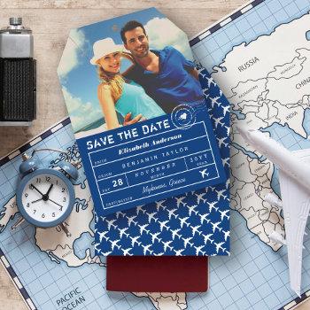 Small Destination Wedding Navy Blue Luggage Tag Photo Save The Date Front View